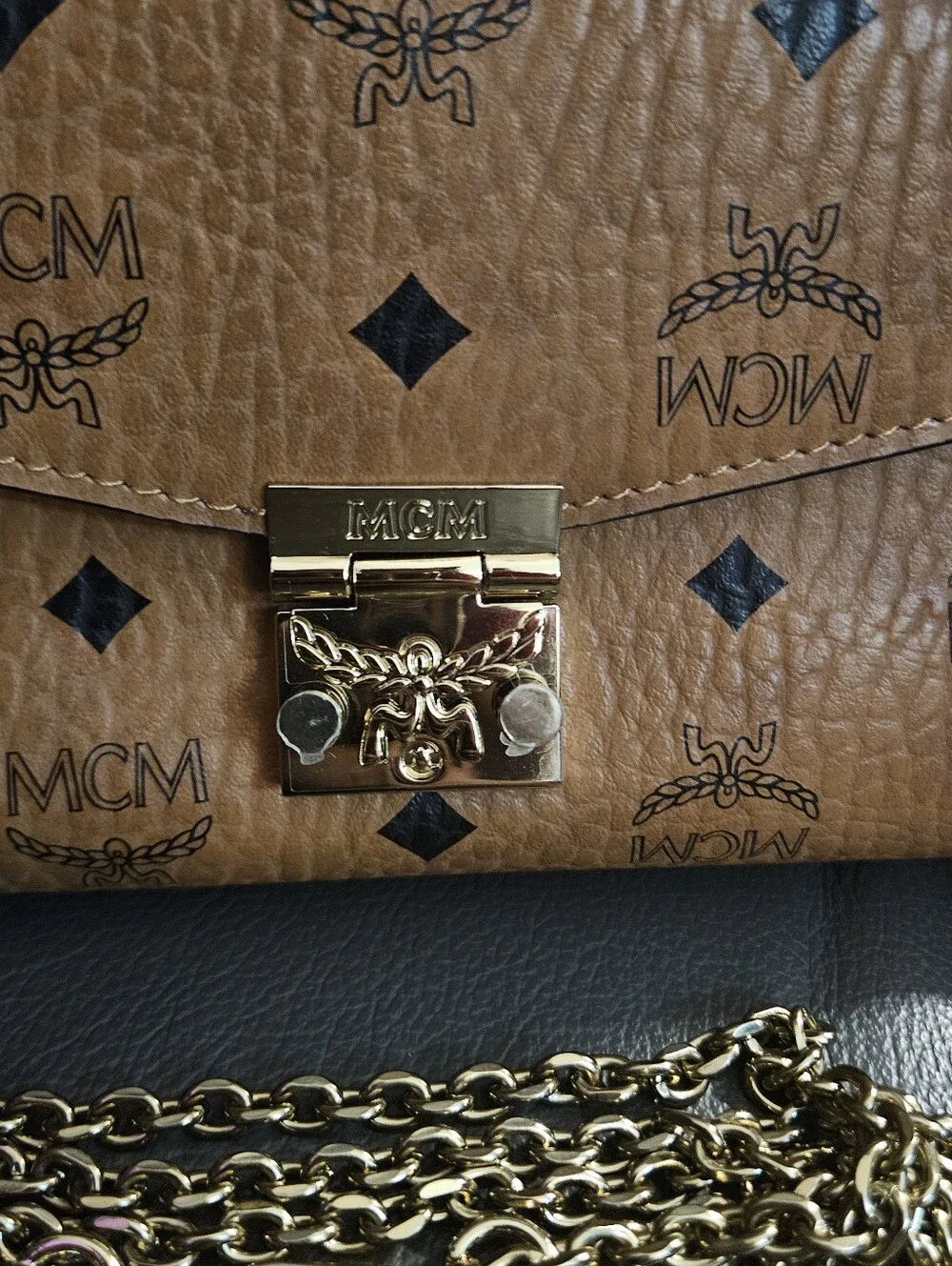 MCM Cognac Visetos Envelope Crossbody with Gold Hardware